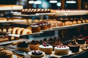 many different types of cakes are on display in a bakery. AI-Generated photo