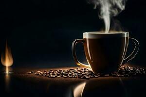 a cup of coffee is steaming on a black background. AI-Generated photo