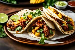 mexican pulled pork tacos with pineapple and cilantro. AI-Generated photo