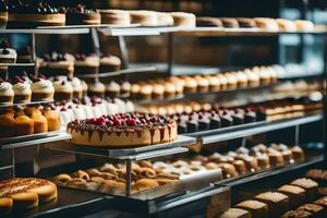 a bakery display with many different types of cakes. AI-Generated photo
