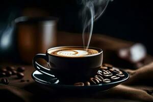 a cup of coffee is steaming on a dark background. AI-Generated photo