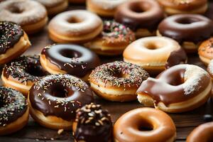 many different kinds of donuts are shown on a table. AI-Generated photo