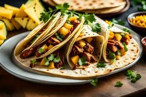 chicken tacos with pineapple and mango salsa. AI-Generated photo