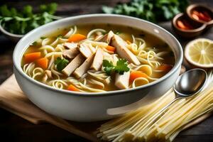 chicken noodle soup in a bowl. AI-Generated photo