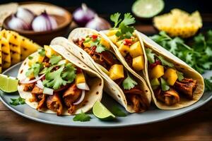 three tacos with pineapple, cilantro and lime on a plate. AI-Generated photo