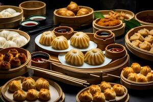 a variety of dumplings and sauces in bamboo baskets. AI-Generated photo