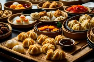 a variety of dumplings and other food on a table. AI-Generated photo