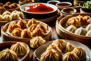 a variety of dumplings are arranged in baskets. AI-Generated photo