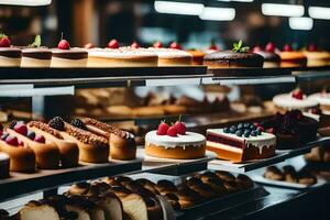 many different types of cakes are on display in a bakery. AI-Generated photo