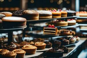 many different types of cakes are on display in a bakery. AI-Generated photo