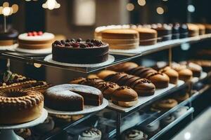 many different types of cakes are on display in a bakery. AI-Generated photo