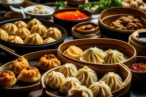 a variety of dumplings are arranged in bamboo baskets. AI-Generated photo