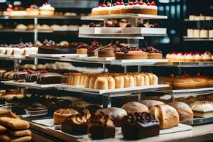 many different types of cakes are on display in a bakery. AI-Generated photo