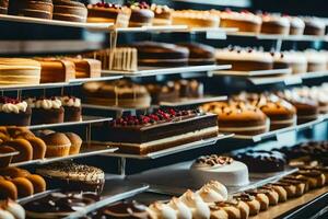 a large display of cakes in a bakery. AI-Generated photo