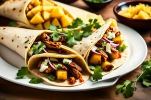 three tacos with meat and vegetables on a plate. AI-Generated photo