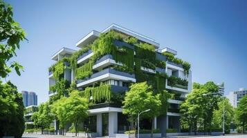 Respetuoso del medio ambiente edificio con verde espacios debajo un azul cielo. ai generado foto