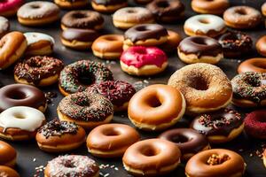 a large group of donuts on a black surface. AI-Generated photo