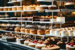 many different types of cakes are on display in a bakery. AI-Generated photo