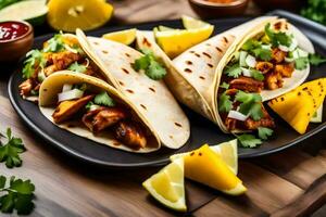 dos tacos con pollo y mango en un negro lámina. generado por ai foto