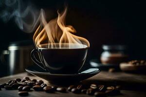 a cup of coffee with smoke coming out of it. AI-Generated photo