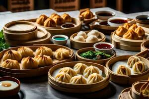 a table with many different types of dumplings. AI-Generated photo