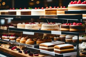 many different types of cakes are on display in a bakery. AI-Generated photo