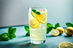 a glass of lemonade with mint leaves and lemons. AI-Generated photo