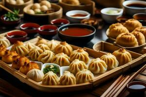 a variety of dumplings and other food on a wooden tray. AI-Generated photo