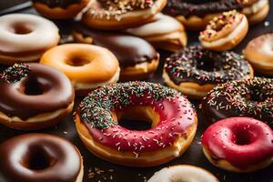 a bunch of donuts are arranged on a table. AI-Generated photo