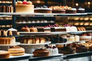 many different types of cakes are on display in a bakery. AI-Generated photo