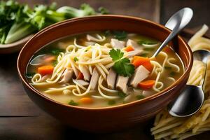 chicken noodle soup with a side of noodles. AI-Generated photo