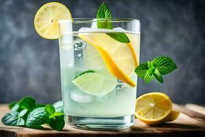 a glass of lemonade with mint leaves and lemons. AI-Generated photo