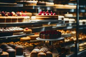 many different types of cakes are on display in a bakery. AI-Generated photo