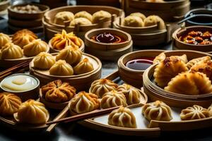 various types of dumplings are arranged in baskets. AI-Generated photo