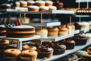 many different types of cakes and pastries on display. AI-Generated photo