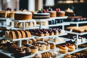 many different types of cakes on display in a bakery. AI-Generated photo
