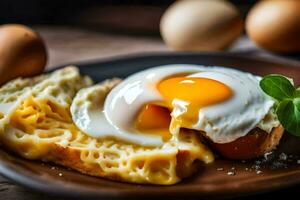 an egg is being eaten on toast with cheese. AI-Generated photo