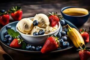 ice cream with berries and bananas in a bowl. AI-Generated photo