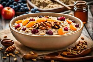 un cuenco de harina de avena con Fruta y nueces. generado por ai foto