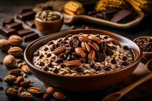 chocolate and nuts in a bowl of oatmeal. AI-Generated photo