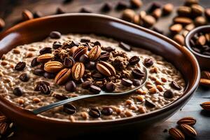 a bowl of oatmeal with nuts and chocolate chips. AI-Generated photo