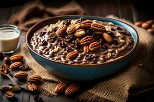 chocolate oats in a bowl with nuts and milk. AI-Generated photo