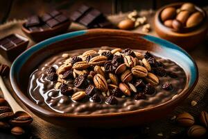 chocolate harina de avena con nueces y nueces en un bol. generado por ai foto