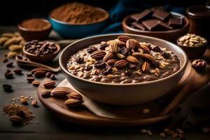 chocolate oatmeal in a bowl with nuts and chocolate chips. AI-Generated photo