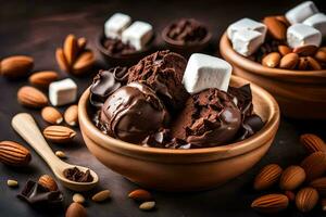 chocolate ice cream with marshmallows and almonds in a bowl. AI-Generated photo