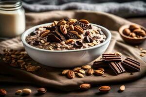 chocolate and nuts in a bowl with milk. AI-Generated photo