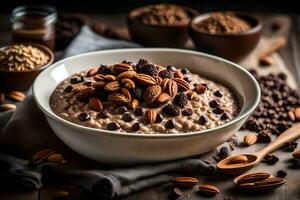 chocolate almond oatmeal in a bowl. AI-Generated photo