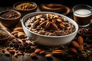 chocolate oatmeal with nuts and milk on a wooden table. AI-Generated photo