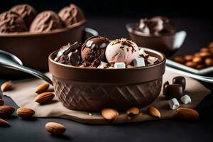 chocolate ice cream in a bowl with almonds. AI-Generated photo