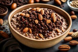 a bowl of oatmeal with nuts and coffee beans. AI-Generated photo